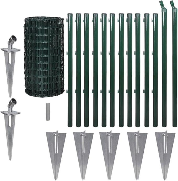 82x2.6 ft Green Euro Fence Panel Set, PVC Steel Mesh 3x2.5in w/Posts & Anchors, Garden Privacy Screen Yard Dog Pool Barrier