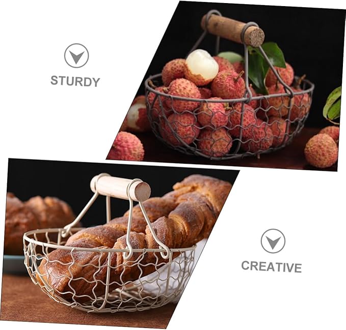 2pcs Vintage Metal Mesh Storage Baskets with Wooden Handles, Multi-function Fruit and Egg Organizer for Kitchen Counter and Harvesting, Farmhouse Style Wire Basket Set