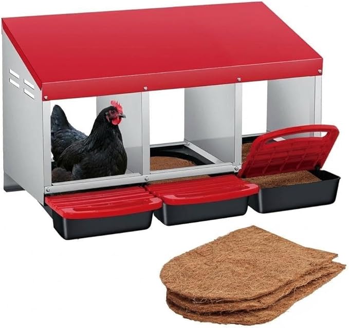 Heavy Duty 3-Compartment Chicken Nesting Box – Roll-Away Egg Collection, Removable Galvanized Steel Trays, Perch, Easy-Clean, Wall Mount or Freestanding, for Hens – Red, Three Grids