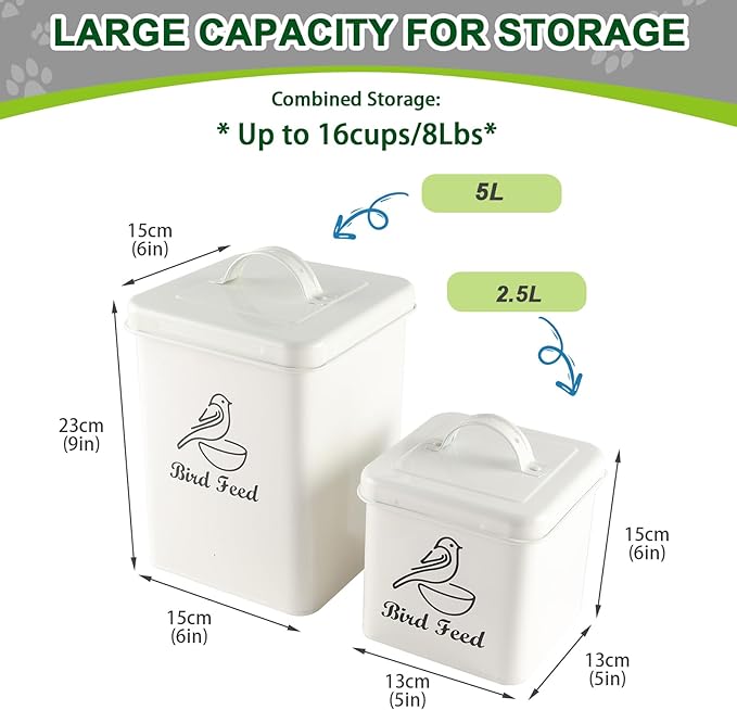 Set of 2 Metal Bird Seed Storage Container,Combined 8lbs Bird Seed Container with Scoop,Wild Bird Food Bins for Storing Sunflower Seed-Sturdy and Squirrel proof-6''x9''+5''x5''-White