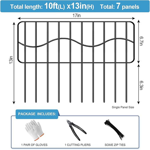 10ft(L) x 13in(H) Garden Animal Barrier Fence, 7panels No Dig Fences, Small Dog Fence Barrier, Animal Barrier Rabbit Fencing Rustproof Metal Decorative Border for Outdoor Garden