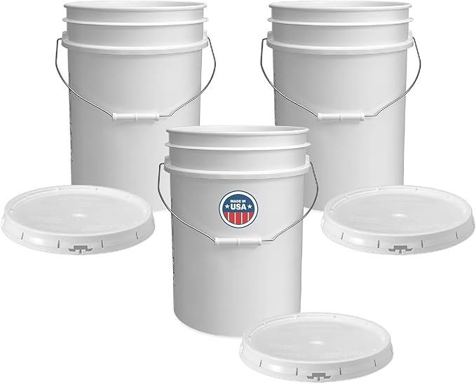 ePackageSupply White 5-Gallon Bucket with Lid | Made in USA | Food Grade | Heavy-Duty Extra Durable Plastic Bucket | Multi-Use Food Grade Buckets with Lids | Easy Stack and Store | BPA Free | 3 Pack
