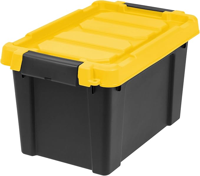 5 Gallon Black Plastic Storage Bins with Lids 4-Pack, Heavy Duty Stackable Totes, Garage Tool Basement Organizer with Locking Lids