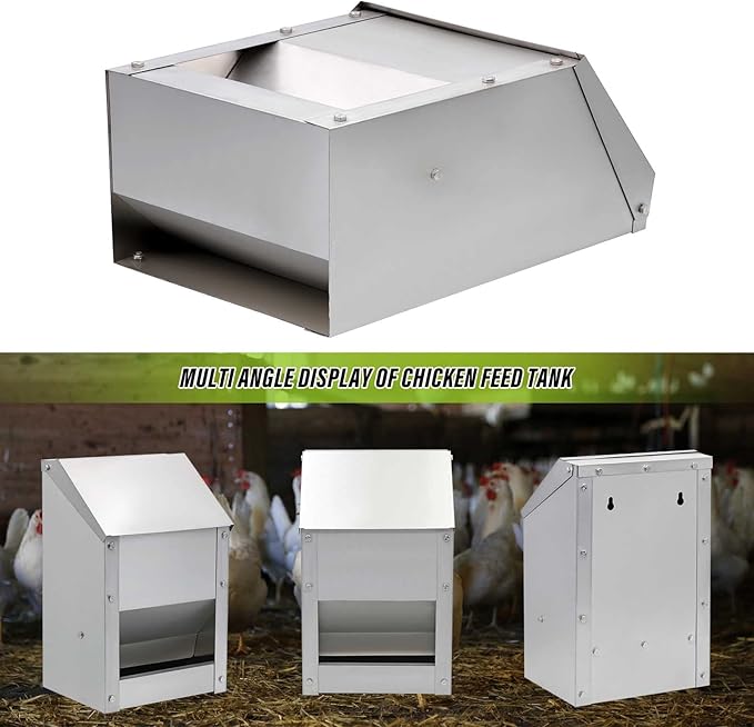 Stainless Steel Hanging Chicken Feeder with Lid No Waste Weatherproof Metal Automatic Poultry Feeder Wall Mount Outdoor Chicken Coop Food Dispenser Feeder for Chickens Ducks (25Lbs)