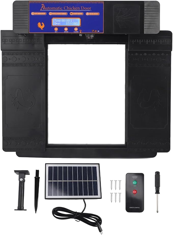 Solar Automatic Chicken Coop Door, Professional Infrared Anti Pinch with Timer Light Sensor and Remote Control, for Chicken Duck Goose Poultry (Black)