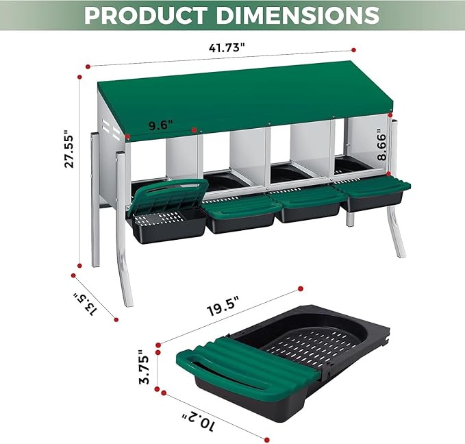 4-Hole Chicken Nesting Boxes for Farm,Corrosion-Resistant Metal Nesting Boxes with Egg Collection Tray,Wall Mount/Freestanding Poultry Laying Boxes for Chicken Coops and Hens,Green