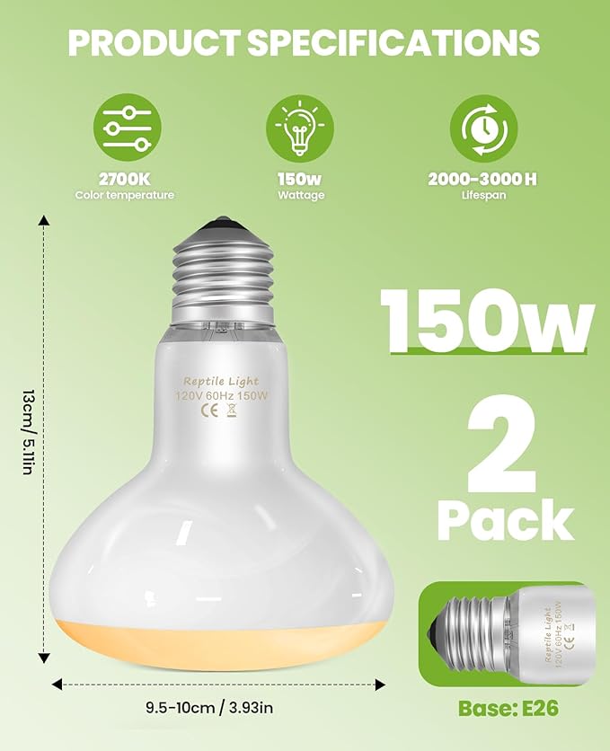 KINDEEP Reptile Basking Light Bulb: 150W Reptile Heat Lamp 2 Pack UVA Daylight Basking Bulb for Amphibian Bearded Dragon Lizard Tortoise Turtle Snake Chicken Pets Heating