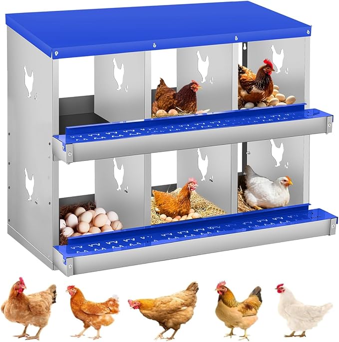 Chicken Nesting Box,6 Compartments Nesting Box for Chickens, Two-Tier Galvanized Metal Wall Mount Chicken Egg Laying Box with Large Vented Holes for Easy Egg Collection ﻿