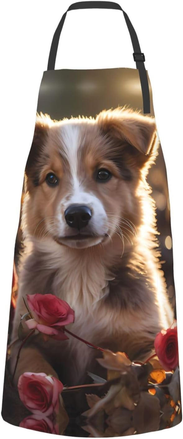 Dogs and Roses Heavy Duty Waterproof Apron with Pockets for AdultsResistant Grilling, Gardening, Painting