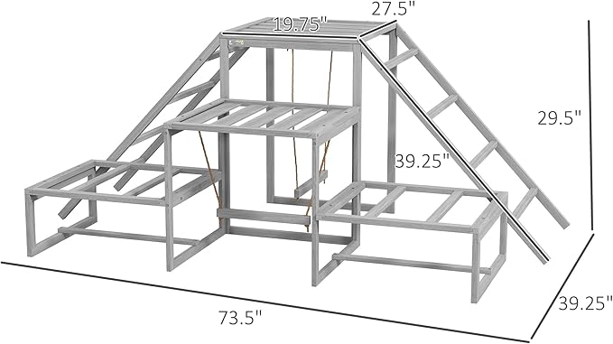 PawHut Chicken Toys for Coop, Chicken Swing Set, Chicken Coop Accessories for Poultry Run with Perches, Wood Stand, Ladder, Platforms, for 10-15 Chickens, Gray
