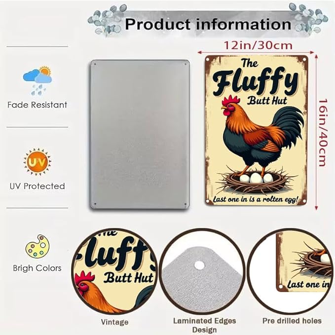 Fluffy Butt Hut Chicken Sign 12x16 Inch Outdoor Decor with Funny Farmyard Saying Last One in is A Rotten Egg for Yard Patio Farmhouse