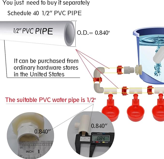 Complete Set Pipeline Automatic Chicken Nipple Waterer Cups and 1/2" PVC Tee Fittings Pipe Feeder Poultry Waterer Chicken Waterer pourtly Water Cup Durck Watering System