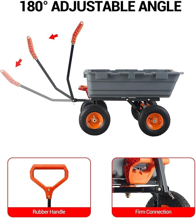 Garden Dump Cart 900 LB Heavy Duty,10" Pneumatic Tires & 180° Adjustable Handle with Quick Release, Utility Yard Wagon for Farm and Outdoor Use