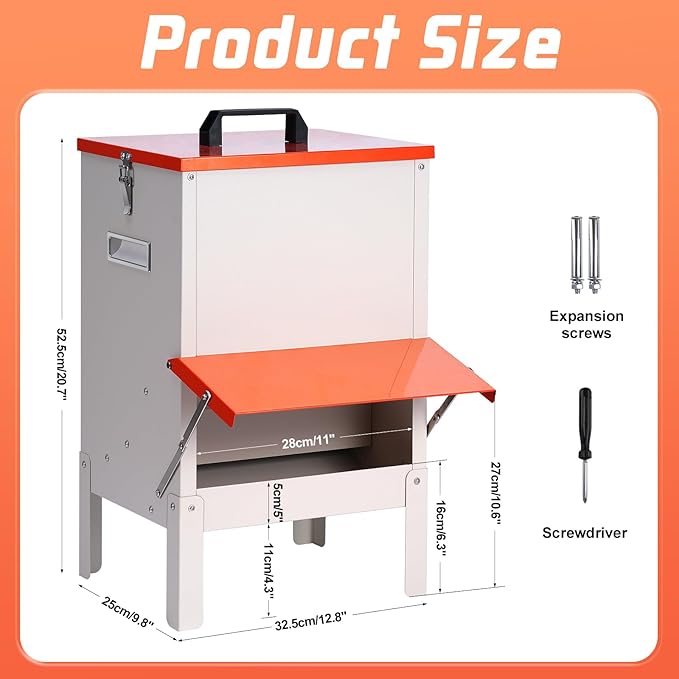 30lbs Automatic Chicken Feeder and Duck Feeder，Large Poultry Feeder for Chickens, Ducks, Geese, Pigeons, Dogs, Cats (Orange)