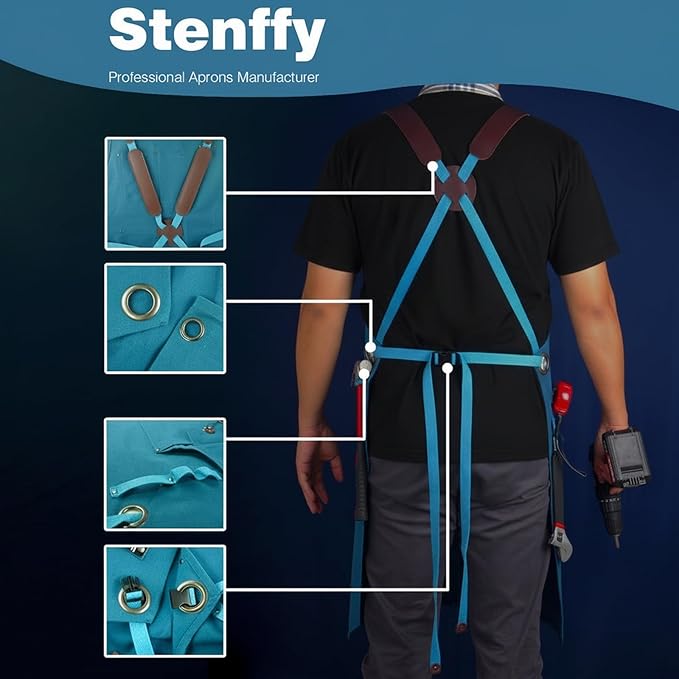 Woodworking Apron, Tool Apron, Canvas, Multiple Pockets, Adjustable Zipper, Metal Ring, Tape Measure Clip, Plus Size, Blue