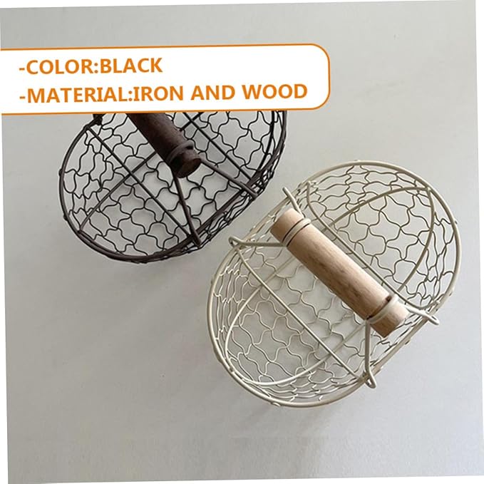 2pcs Rustic Iron Wire Basket with Wooden Handle, Multi-function Farmhouse Style Countertop Fruit and Egg Storage Organizer for Kitchen and Pantry