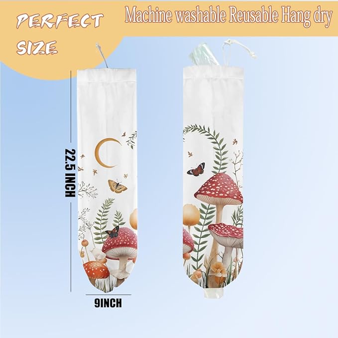 Mushroom Plastic Bag Holder, Wall Mount Grocery Bag Holder for Plastic Storage bag, Storage Organizer Reusable Grocery Bags, Pull Rope Free Adjustment, Butterfly Gifts for Women Mom Sister