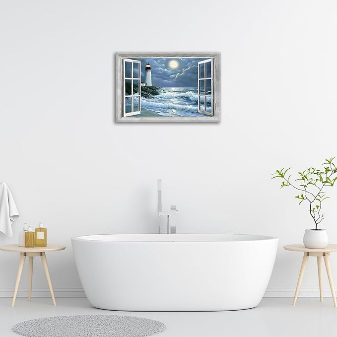 Lighthouse Nautical Wall Art Coastal Beach Pictures Wall Decor Ocean Canvas Prints Window Decorations Painting Framed Artwork Office Home Decor For Bathroom Bedroom Dining Living Room 24"x16"