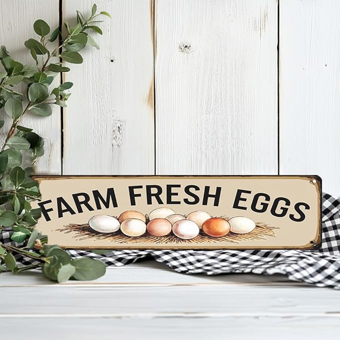Rustic Chicken Coop Decorative Sign - ''Farm Fresh Eggs' Metal Sign, 16x4 Inch - Farmhouse Art Plaque Sign For Home, Hen House, Yard, Bar or Cafe, Store Hanging Decor, Room Decor