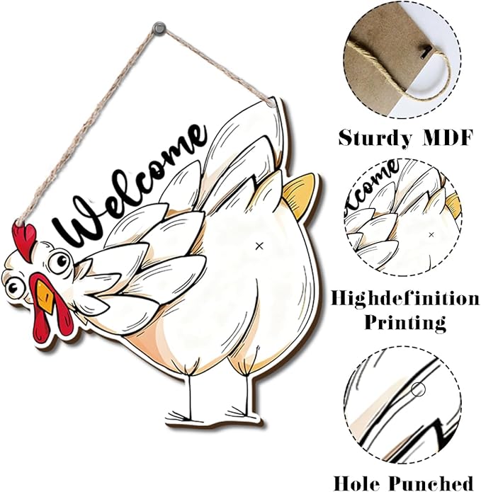 Farmhouse Wall Decor, Funny Chicken Welcome Sign, Cartoon Painting Style Farm Animal Wood Hanging Plaque, Rustic Country Wall Art for Kitchen Porch Patio or Coop Door, 9.8x10.1 Inches