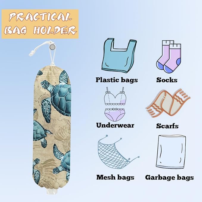 Sea Turtle Plastic Bag Holder, Wall Mount Grocery Bag Holder, Plastic Storage Bag, Sea Shell Storage Organizer Reusable Grocery Bags, Pull Rope Free Adjustment, Turtle Gifts for Women Mom Grandma