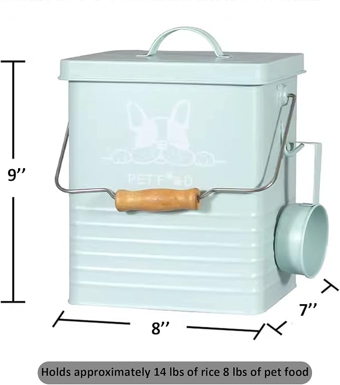 15 Lb Container for Dog Food, Wooden Handle, Pet Food Storage Containers for All Pet Food, Galvanized Iron Air-tight Dog Food Containers, Farm Dog Food Containers (Mint Green)