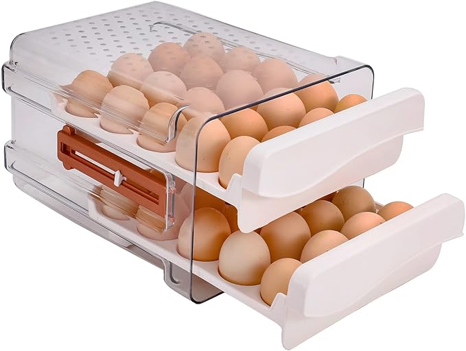 Sooyee 40 Capacity Egg Container for Refrigerator, Household Egg Holder for Fridge, Transparent 2 Drawers Chicken Egg Storage Container,White