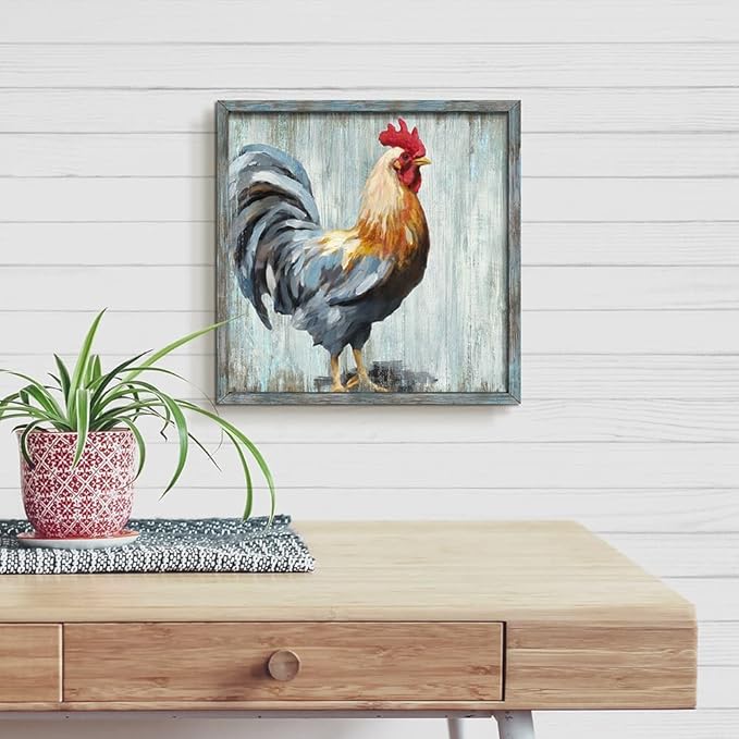 Rooster Wooden Wall Art Decor: Farm Cock Picture Country Animal Framed Artwork Rustic Farmhouse Chicken Painting is the Perfect Combination of Energy Nature for the Kitchen Bedroom 20"x20"