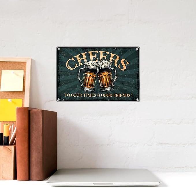 Vintage Bar Decor Pub Cheers Metal Sign 12 x 8 Inch Wall Decoration For Man Cave Home Beer Lovers To Good Times And Friends Plaque Art Aluminum Outdoor Kitchen Indoor