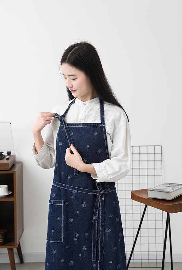 Cotton Denim Apron Soft - Unisex Adjustable Bib Apron with 5-Pockets Perfect for Kitchens