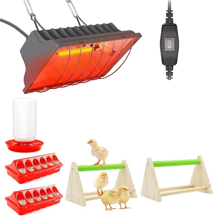 Chick Feeder and Waterer Kit with Chick Perch, Chicken Coop Heater,1L Chick Waterer, Flip Top Poultry Feeder, Chick Starter Kit for Chick Brooder, Baby Chicken Supplies for Baby Chick, Duck and Quail
