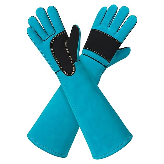 23.6" Leather Welding Gloves, 932℉ Heat-Resistant Long Gauntlet for MIG/TIG/Stick, Bite-Resistant Animal Handling, BBQ/Fireplace/Gardening, Reinforced Palm, Blue