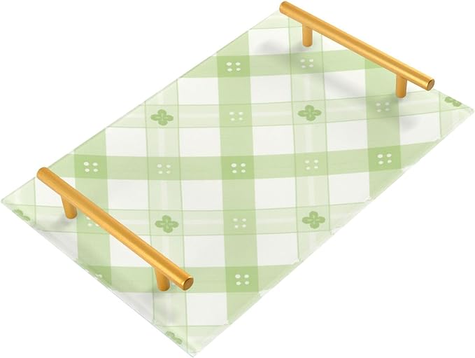 Bathroom Vanity Tray Counter Organizer, Tartan Plaid Green White Decorative Tray with Handles Countertop Storage for Bathroom Bedroom Kitchen Home Farmhouse