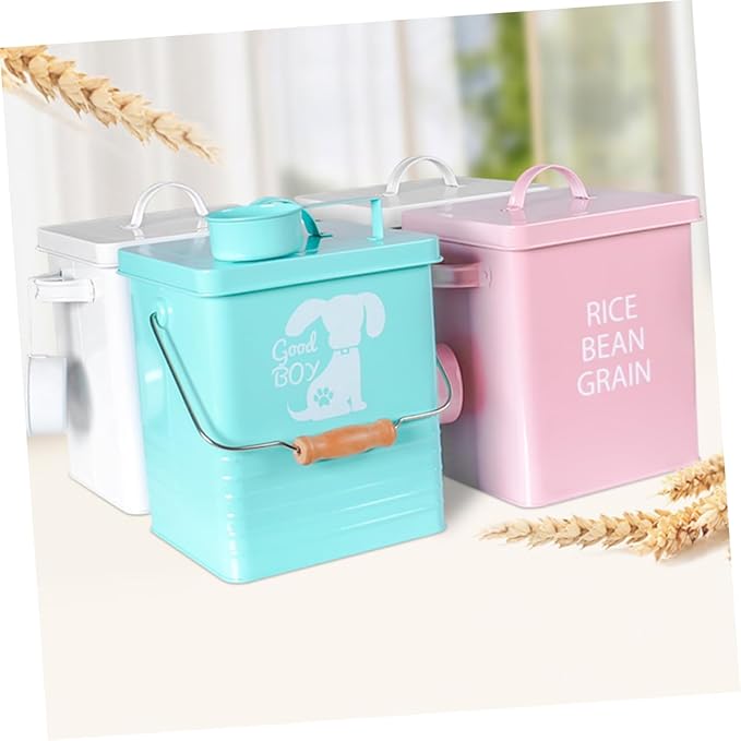 Pink Pet Food Storage Barrel Airtight Metal Container with Spoon for Dog and Cat Food Moisture- Durable Design for Grain Storage