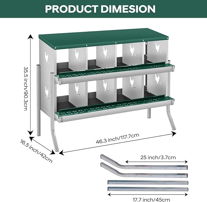 Rustproof Roll Away Two-Tier Design - Chicken Nesting Box for Small Animals - 8 Compartments, Galvanized Steel, Removable Tray & Lid, Wall Mounted or with Legs, Large Vent Holes, Easy Clean -