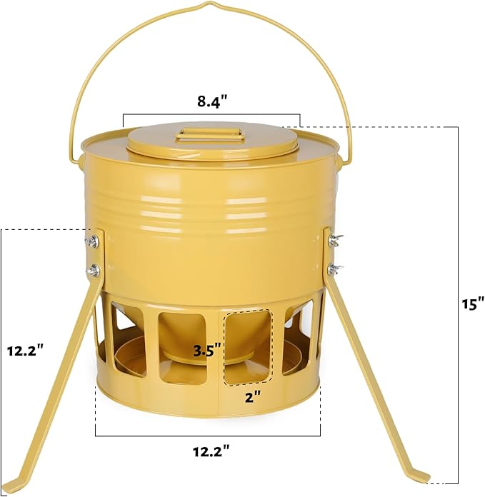 KOL Metal Chicken Feeder - 20lbs No Waste Chicken Feeder with 12 Ports, Powder Coated Rust-Proof Design & Smooth Edges for Safe Feeding (Yellow)