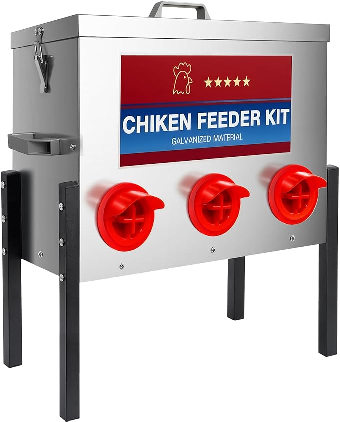 RYFT Chicken Feeder Box 30 Lbs-6 Feeding Port, Galvanized Metal No - Waste Poultry Feeder with Adjustable Legs & Locking Lid
