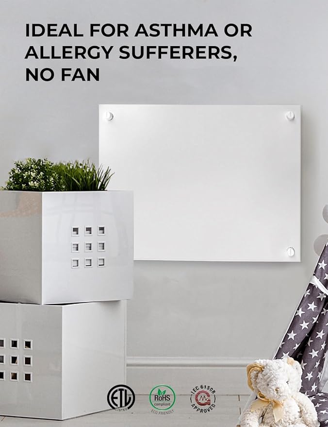 EconoHome Wall Mount Space Heater Panel - with Thermostat - 250 Watt Splashproof Convection Heater - Ideal for 100 Sq Ft Room or Bathroom - 120V Electric Heater - Updated Model