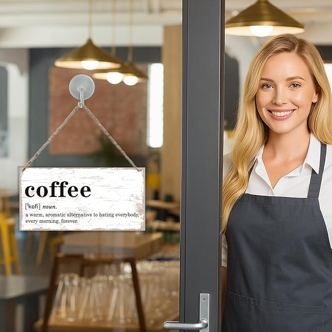 Coffee Definition Wooden Sign, Coffee Bar Sign Wall Decoration, Vintage Kitchen Decor, Wood Grain Retro Decor Signs, Cafe Decoration with Rope Hanging 12 x 6 Inches