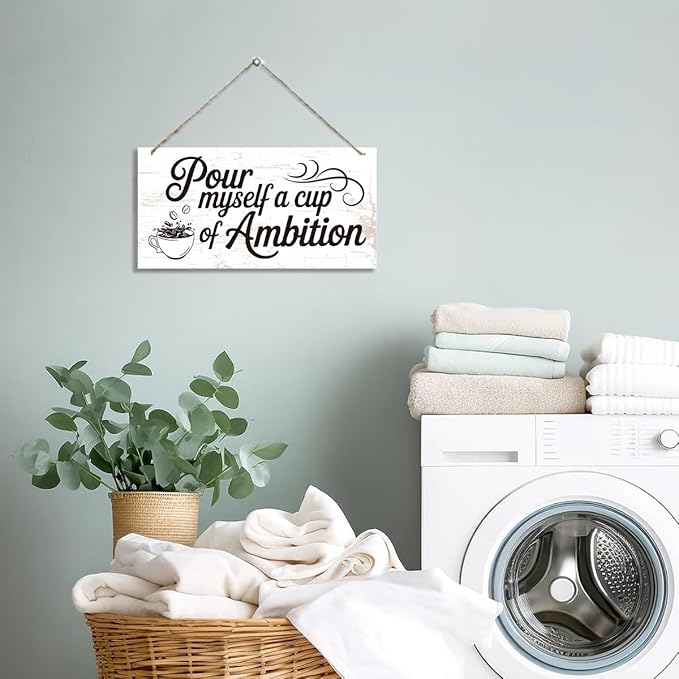Coffee Bar Sign, Pour Myself a Cup of Ambition Decor, Hanging Decor for Kitchen Wall, Coffee Bar Sign Wall Decoration, Cafe Decoration with Rope Hanging 12 x 6 Inches
