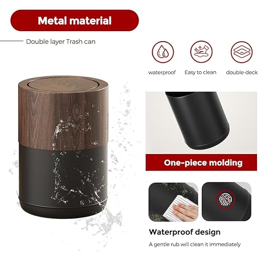 3.1 GAL Modern Metal Trash Can with Realistic Wood Texture,Built-in Bag Holder,Flip Lid,Small Bathroom Garbage Can for Bathroom,Home,Office,Living Room (3.1gal Swing lid)