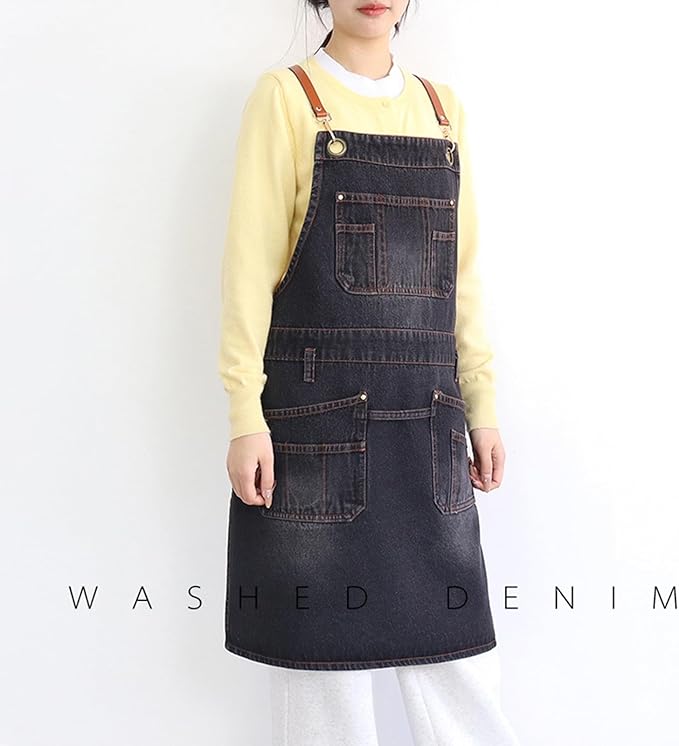 Denim Work Apron Adjustable Cross Back Gardening Aprons Multiple Pockets Men Women Restaurants, Cafes, BBQ