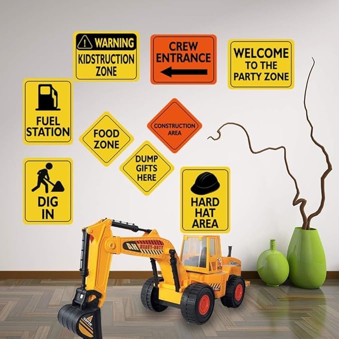 WERNNSAI Construction Party Decorations - 12 PCS Construction Birthday Party Supplies for Boys Kids Truck Birthday Cutouts Traffic Road Signs for Under Construction Party Baby Shower Wall Decor