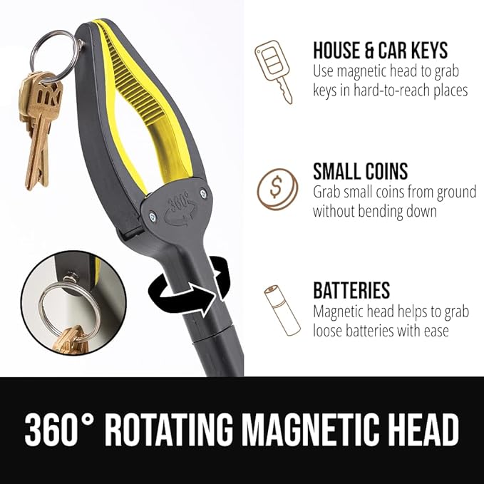 GORILLA GRIP Strong Rubber Lined Claw Grabber, Ergonomic Anti-Slip Reacher Tool for Seniors, 360 Magnetic Rotating Head Reaching Pick Up Stick, Foldable Trash Picker, Handicap Gripper, Yellow