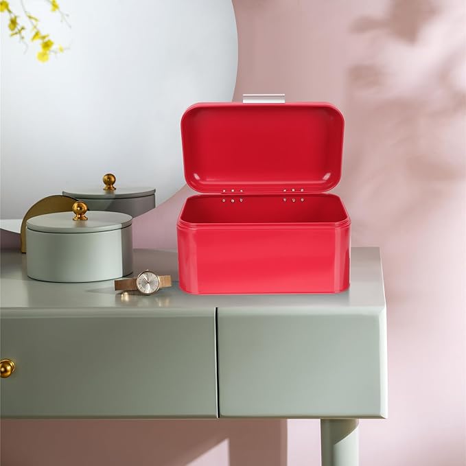 Vintage Metal Bread Box Iron Bread Storage Container Red Kitchen Countertop Snack and Grain Holder Retro Food Storage Bin