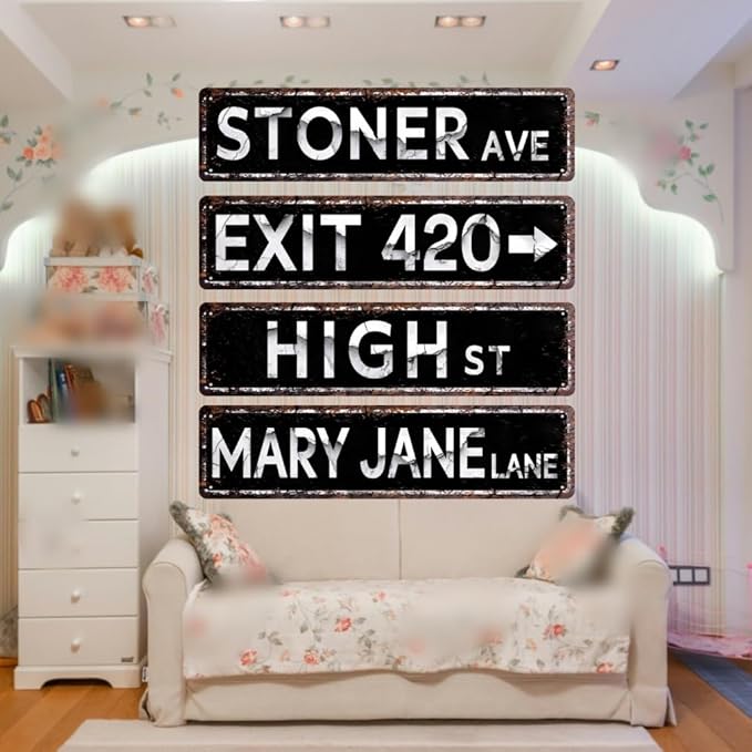 Funny Tin Signs Weed Accessories Man Cave Decor Signs For Bedroom Cool Room Decor For Guys Stoner Ave Street Tin Sign 420 Accessories Funny Stoner For Men Cool Stuff For Your Bedroom Garage 4x16 In