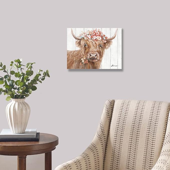 Yidepot Highland Cow Decor for Farmhouse: Retro Scottish Calf pictures hold Flowers Inspirational Quote Canvas Wall Art for boy's bedroom Kitchen Framed Ready to Hang Size 12"x15"