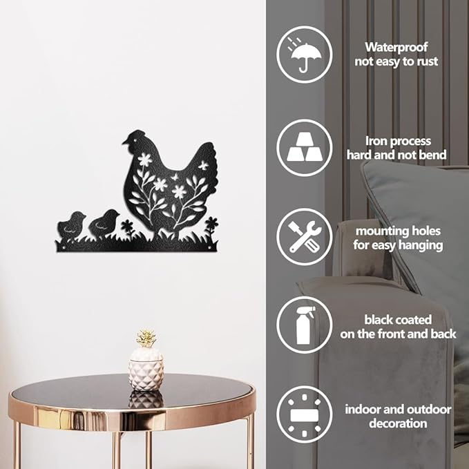WADORN Metal Farmhouse Hen Wall Art Decor, Farmhouse Chicken Coop Metal Wall Art Hanging Decor Signs for Home Chicken Wall Sculpture Statues Decor for Dining room Porch Bedroom, 10.9x11.81 Inch, Hen