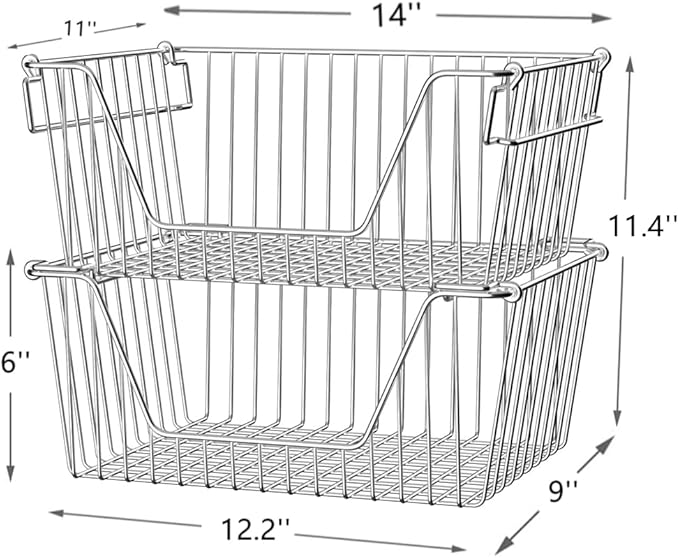 Slideep 14" Large Stackable Storage Baskets, Cabinet Organizer Sturdy Metal Wire Pantry Freezer Bin for Pantry Home Bathroom Kitchen Organization - Set of 8