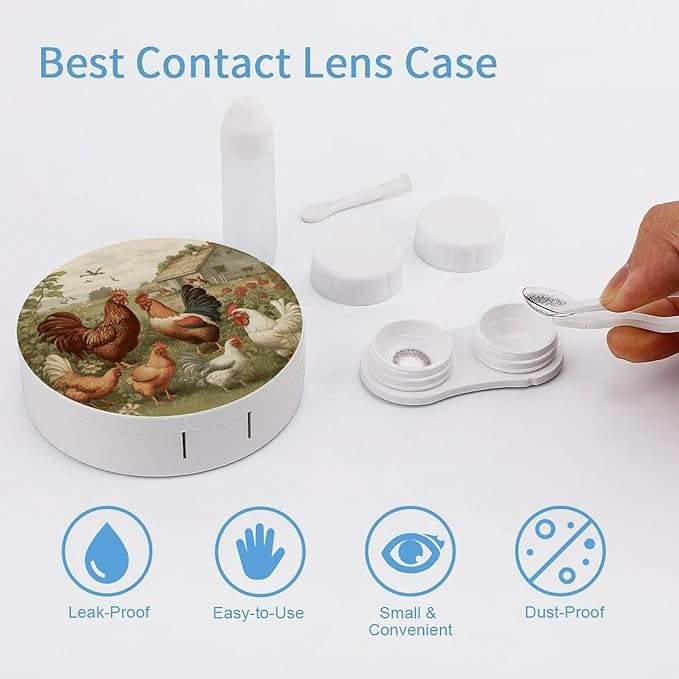 Chickens And Farm Contact Lens Case with Mirror, Portable Contact Lens Box with Solution Bottle, Glasses Travel Holder with Tweezers, Contact Case Storage for Women Men